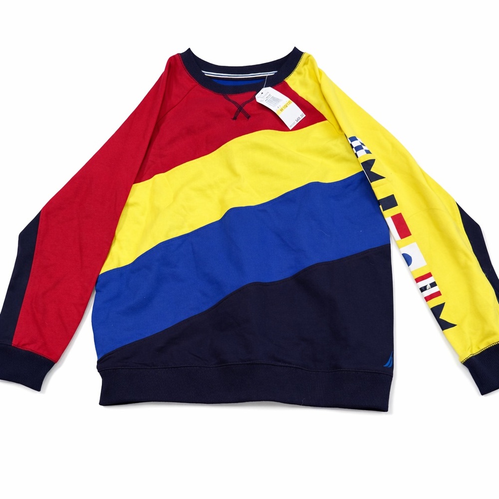 Nautica Color Block Long Sleeve Shirt Vintage 90s M (10/12) Kids Diagonal Stripe
